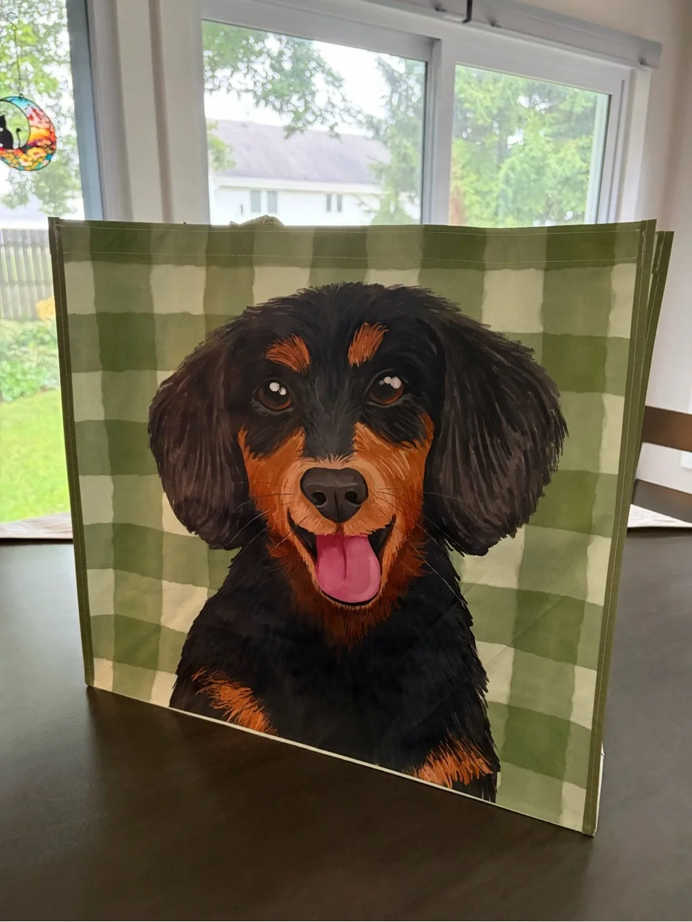 Dachshund Dog Tote Bag - Green Check with Black & Tan Design